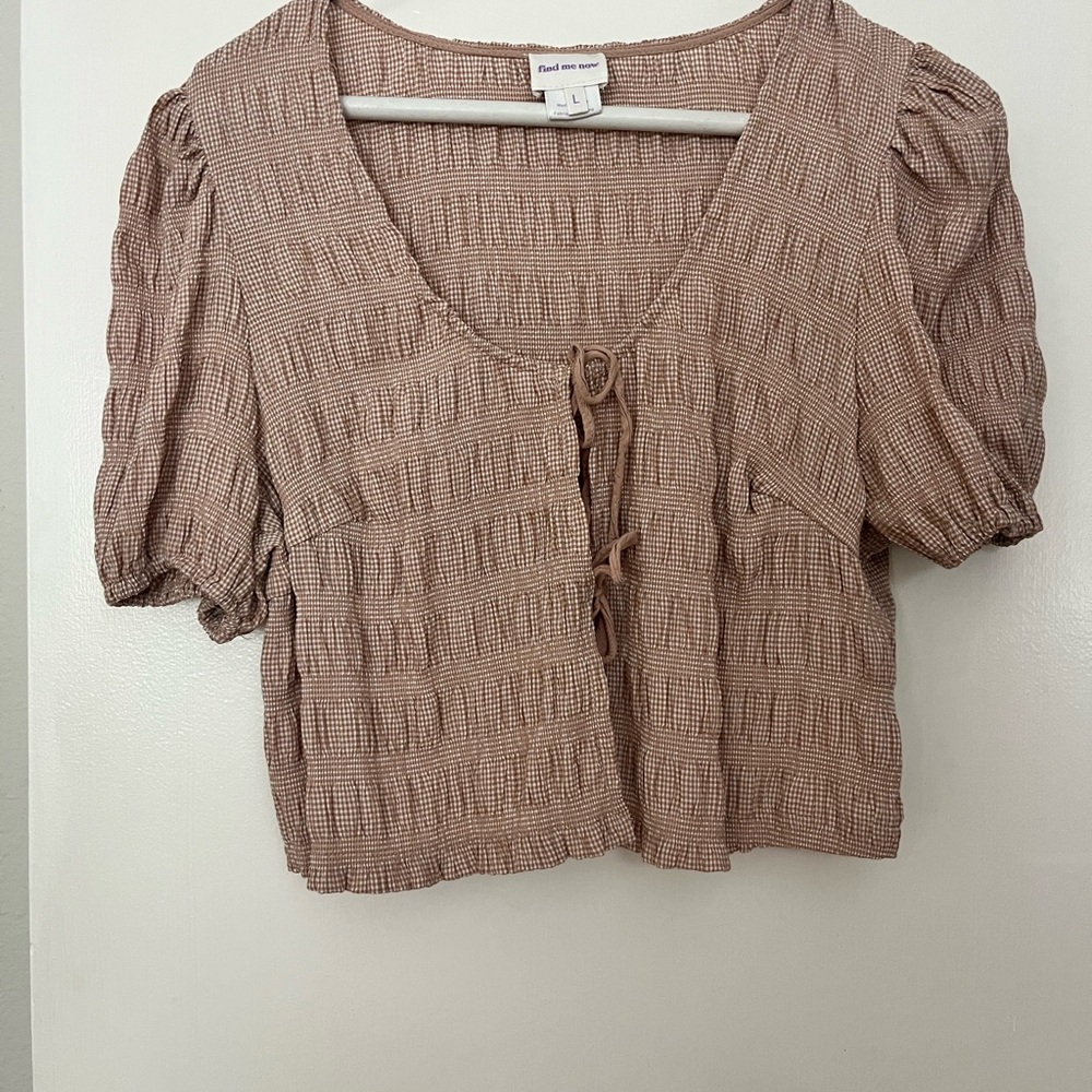 Find Me Now Chic Tan Textured Blouse with Tie Front